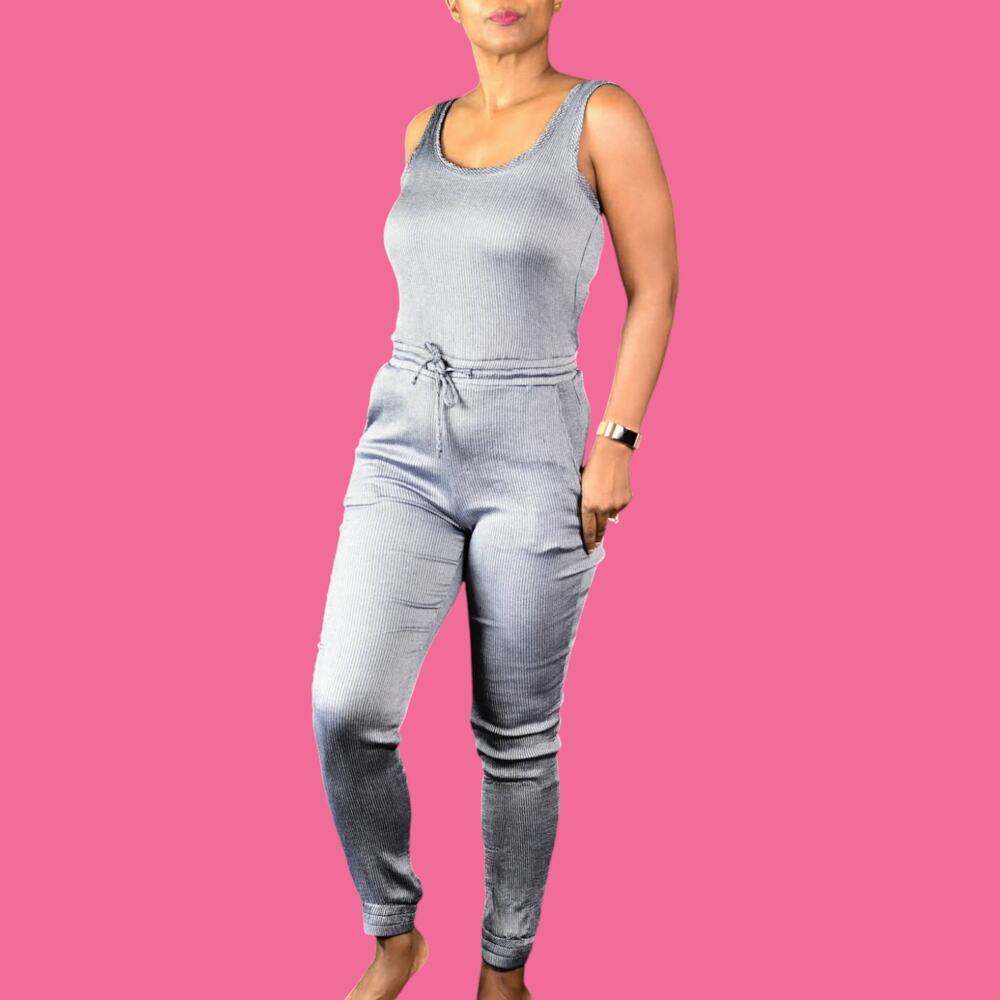 Onia Susie Jumpsuit Blue Jogger Tank Elastic Waist Drawstring Metallic Small